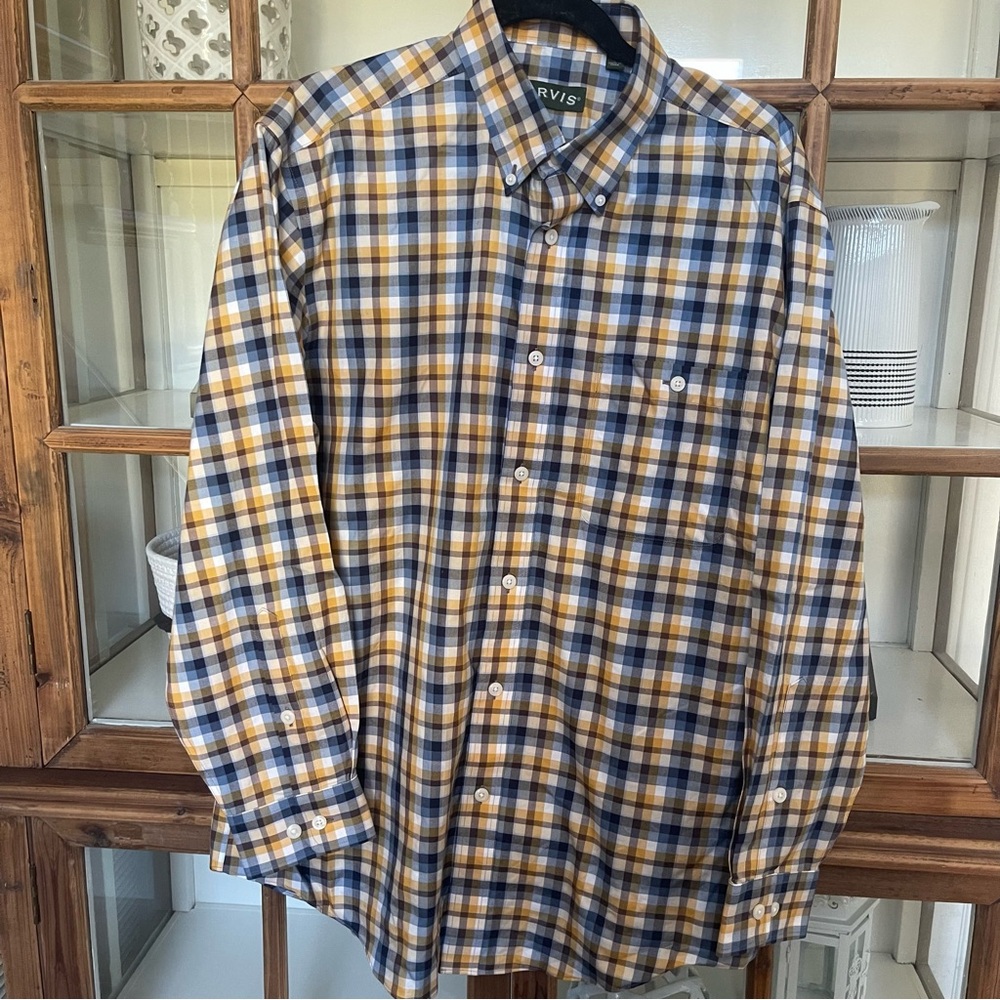 Orvis Mens Plaid Button Down Shirt‎ Blue Gold Tan Cotton Long Sleeve Size Large